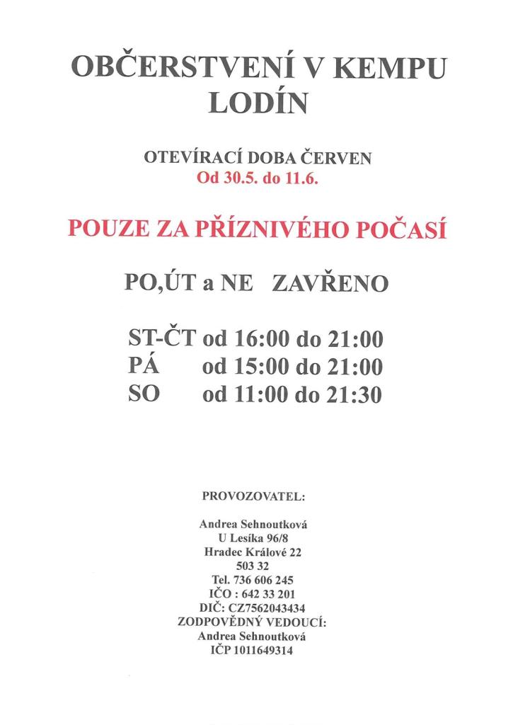 občerstvení v&nbsp;kempu Lodín , otevírací doba